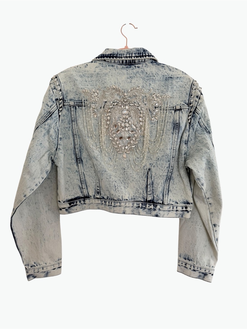 💎blue b. Bling Acid Wash Cropped Denim Jacket - Light Blue